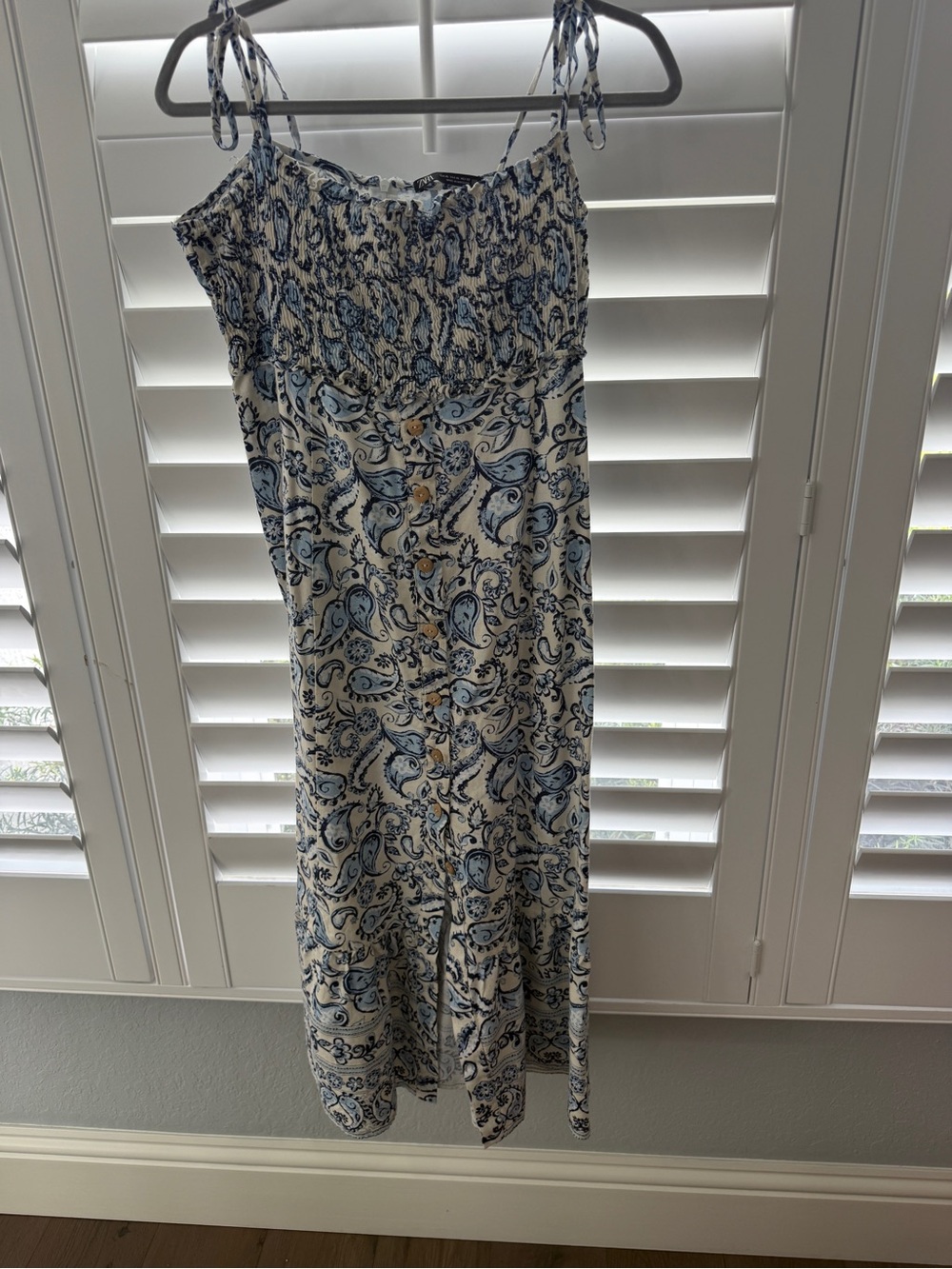 Zara Blue and White Paisley Midi Dress with Tie Straps